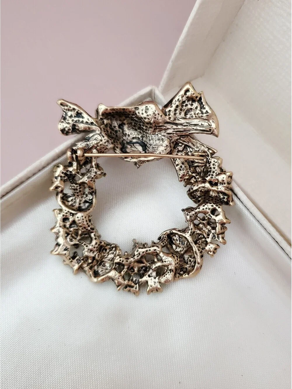 Vintage Green and Tan Rhinestone Bow Wreath Brooch